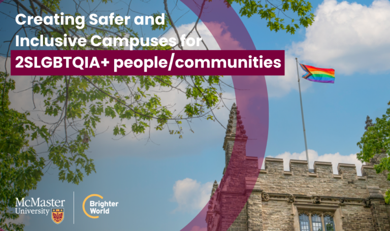 Photo of pride flag above University Hall. Text reads: creating safer and inclusive campuses for 2SLGBTQIA+ people/communities.