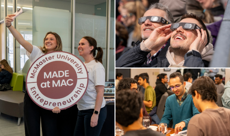 Collage of campus moments from 2024: Made at Mac event, eclipse viewing, Harvest Dinner.