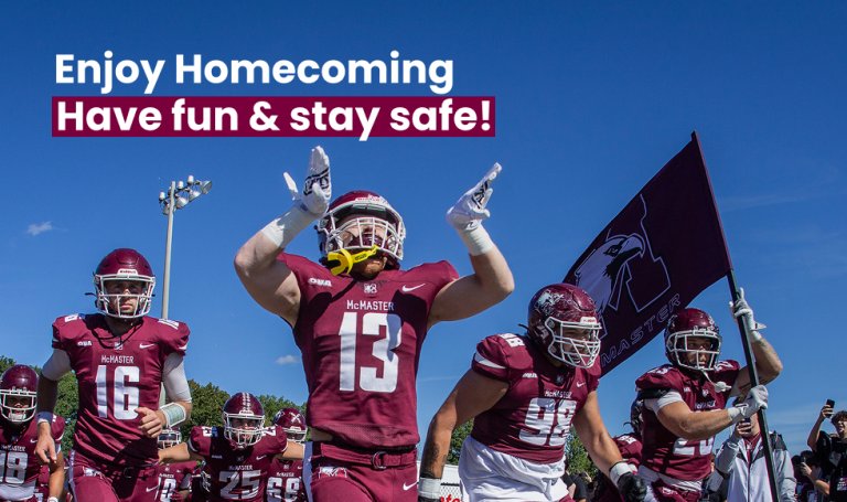 Marauders football team running onto field. Text reads: Enjoy Homecoming. Have fun and stay safe!