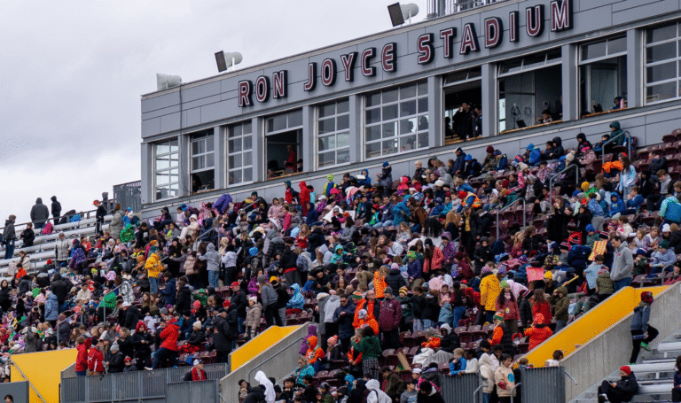 Cheering packed crowd during soccer game.