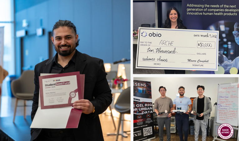 Recipients of McMaster student seed fund with cheques.