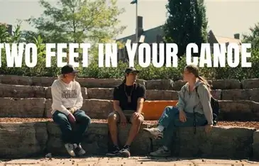 Two Feet In Your Canoe. Three students talking at McMaster's Indigenous outdoor classroom.