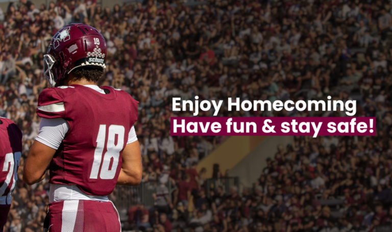 Marauder football game. Text: Enjoy Homecoming. Have fun and stay safe!
