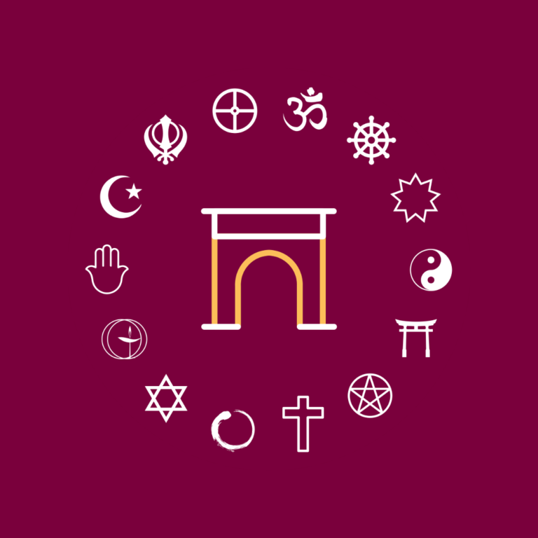 Various religious and spiritual symbols surrounding a central archway icon.