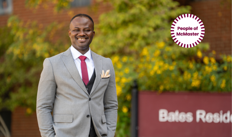 Benjamin Lebi on campus. Text reads People of McMaster.