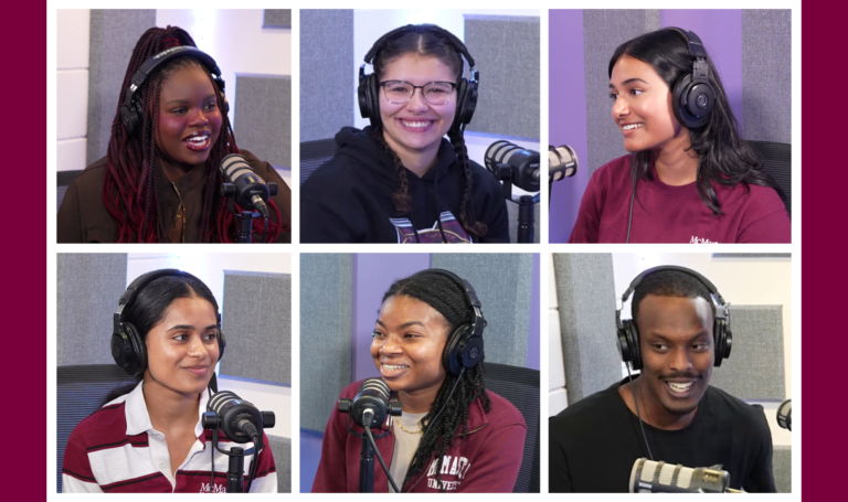 Collage of student podcast participants in studio.
